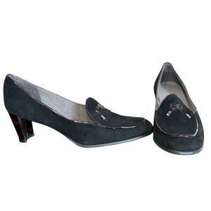 Stuart Weitzman Black Suede Tortoise Trim Tassel Block Heel Pumps Shoes Sz 10.5